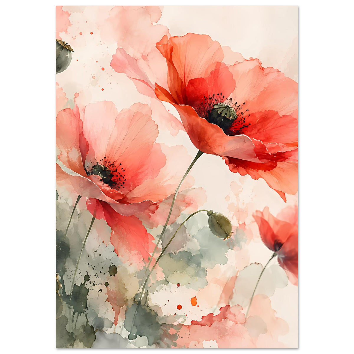 Vertikales Aquarell-Poster mit großen Korallrosa Mohnblüten und grünen Elementen
