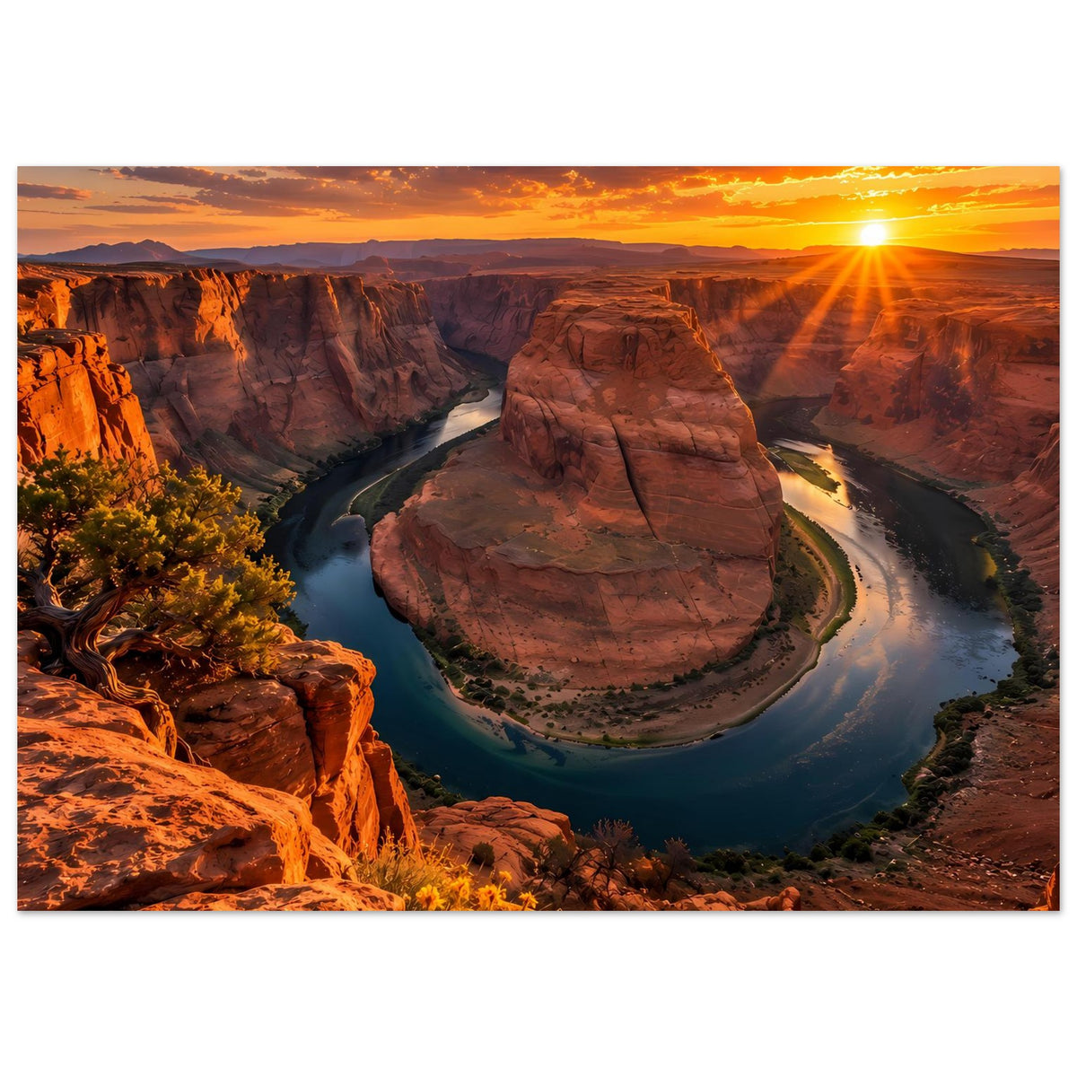 Horizontaler Posterprint: Weite Canyonansicht mit Flusslauf, Felsinsel und Abendsonne