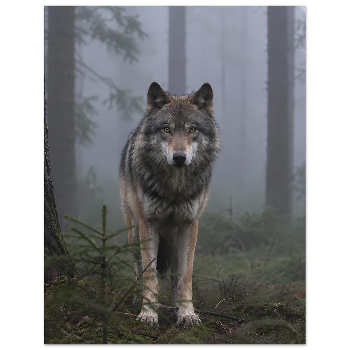 Poster im Hochformat mit grauem Wolf im Nebelwald, klare Vorderansicht