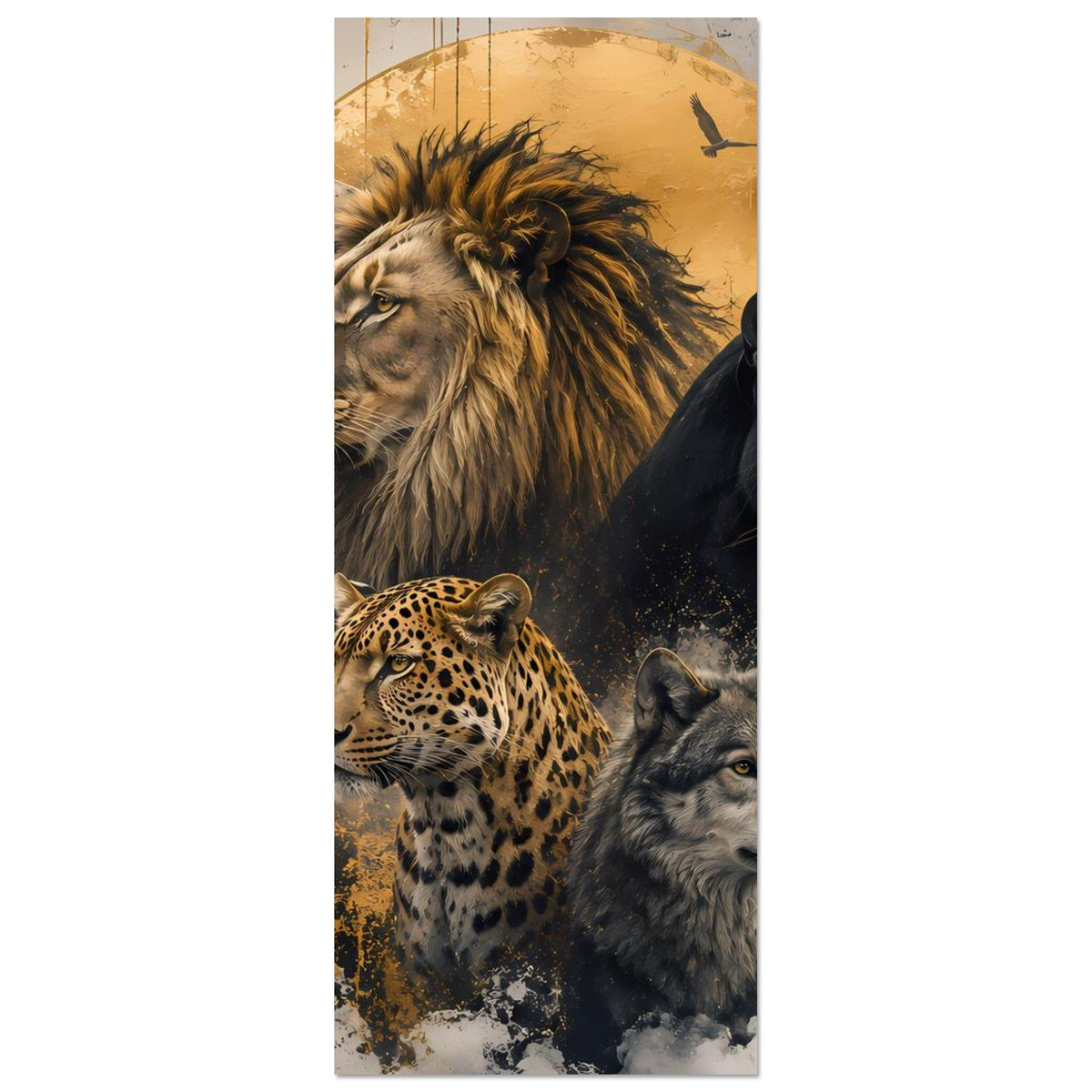 Schmales Wildtier-Poster: Löwe und Panther im Vordergrund, dazu Leopard in Gold-Schwarz