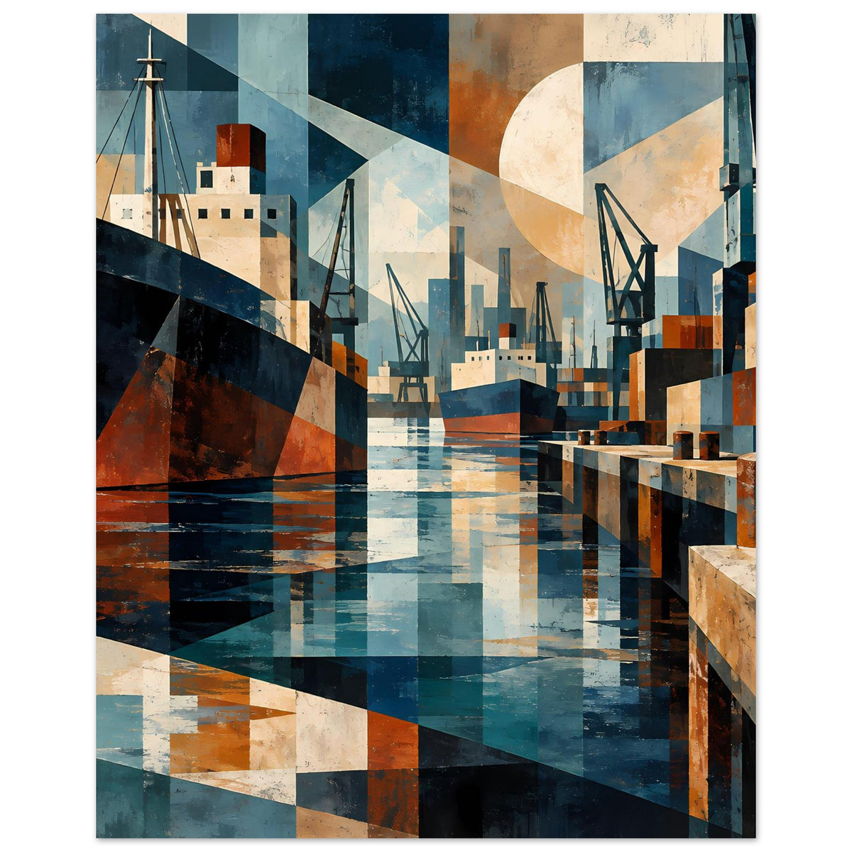 Geometrisches Hafenmotiv-Poster, Hafenbecken mit Pfeilern und Kränen in Blau/Erdtönen