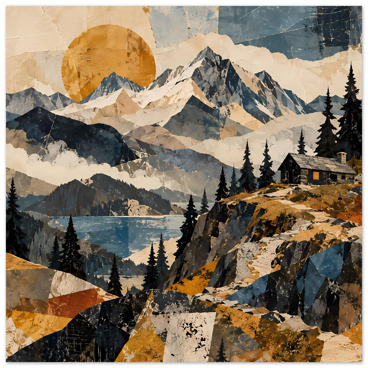 Naturposter mit Berglandschaft, blauem See, Tannen und Berghütte, Sonnenkreis im Hintergrund