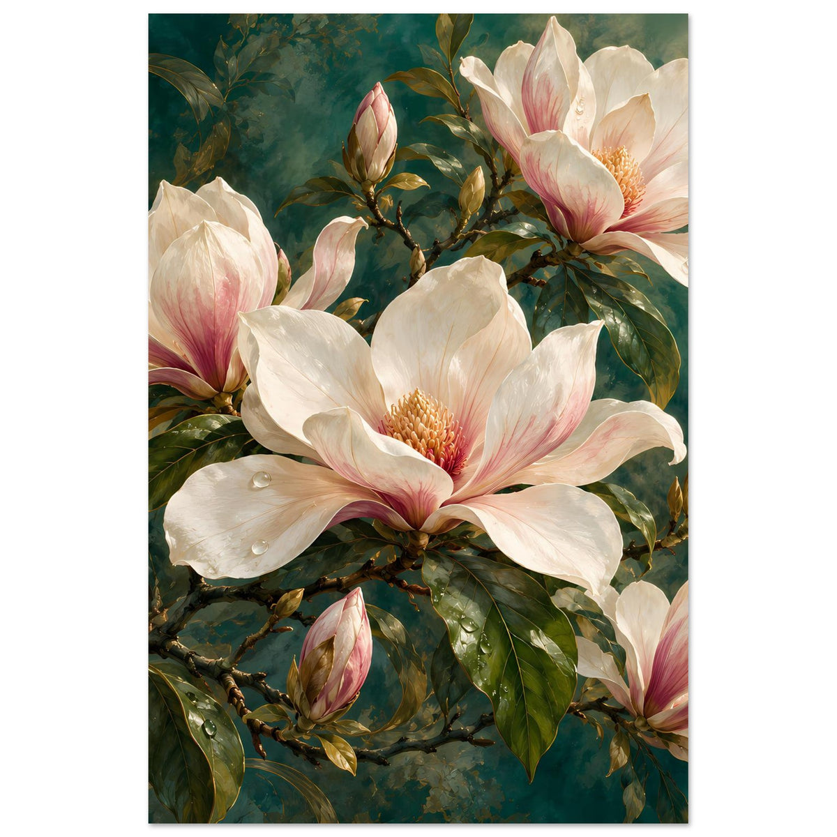 Rechteckiges Poster mit Magnolienblüten in Creme und Rosa auf dunkelgrünem Hintergrund