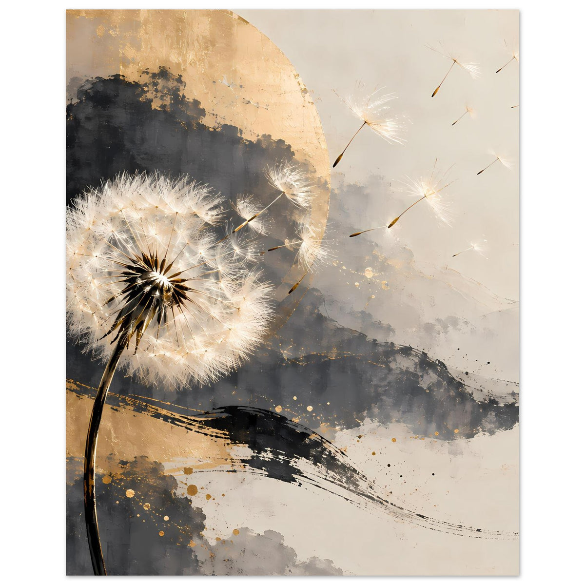 Kunstposter Pusteblume mit hellem Flaum, goldene Halbbögen und graue Pinselzüge