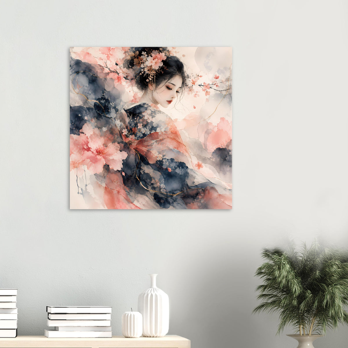 Quadratisches Poster an der Wand mit Aquarellbild: Frau im Kirschblütenzweig-Look, blau-rosa