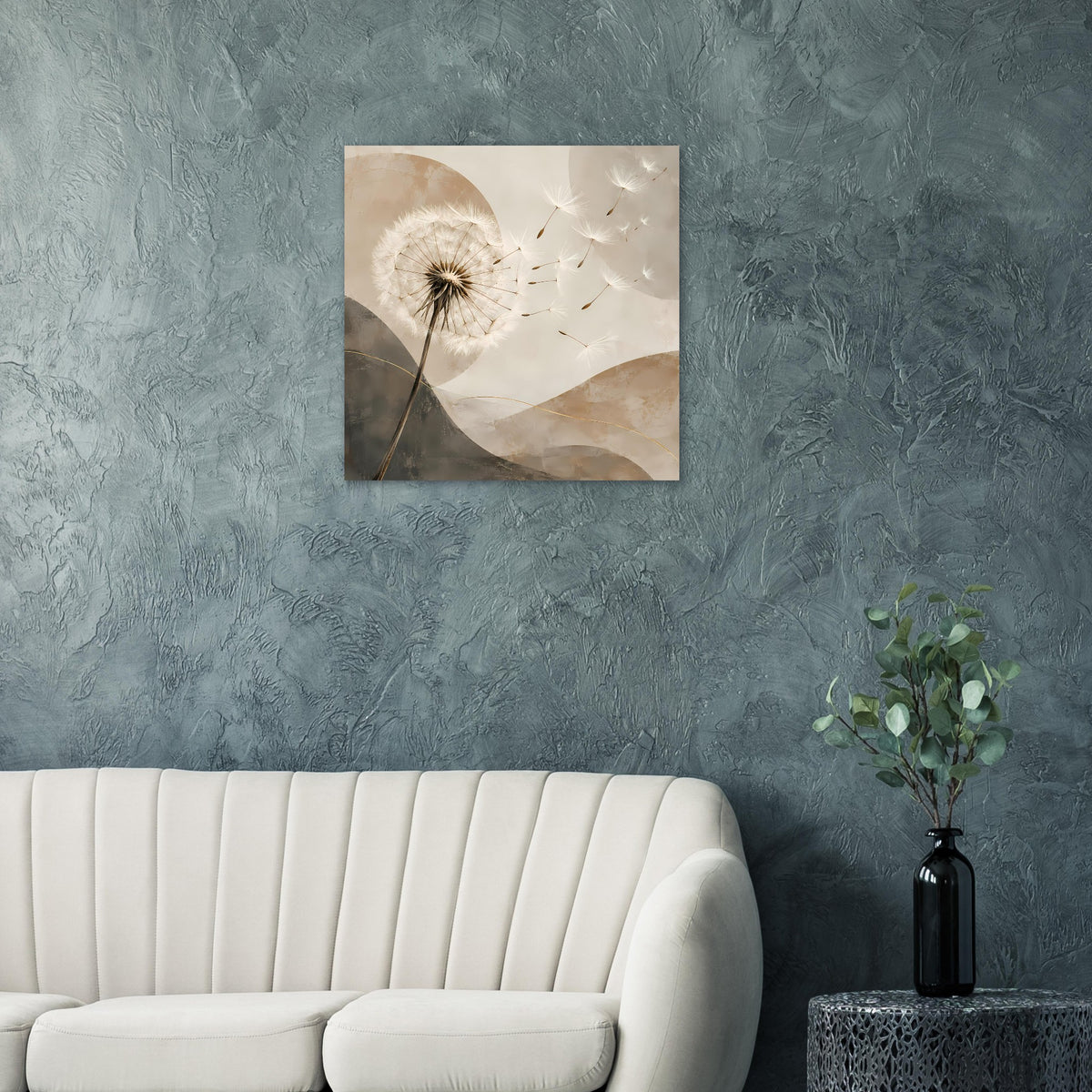 Wandposter mit Löwenzahn-Samenfliegern in Beige, Grau und goldenen Linien, quadratisch