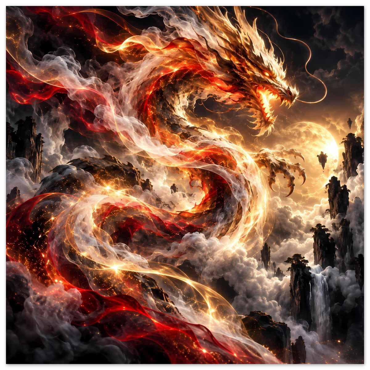 Drachen-Fantasyposter mit brennendem Maul, roten und goldenen Flammenlinien