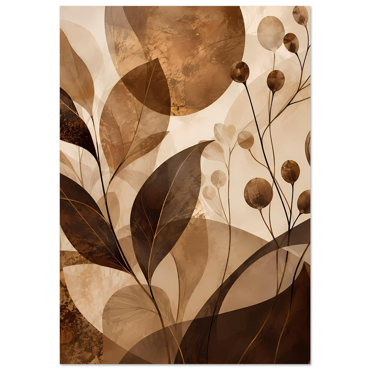 Blumenposter mit abstrakten Blättern und runden Blüten in warmen Braun- und Beigetönen