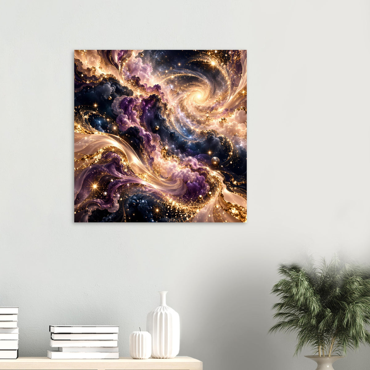 Quadratischer Kunstdruck mit gold-violettem kosmischem Wirbel und funkelnden Sternen