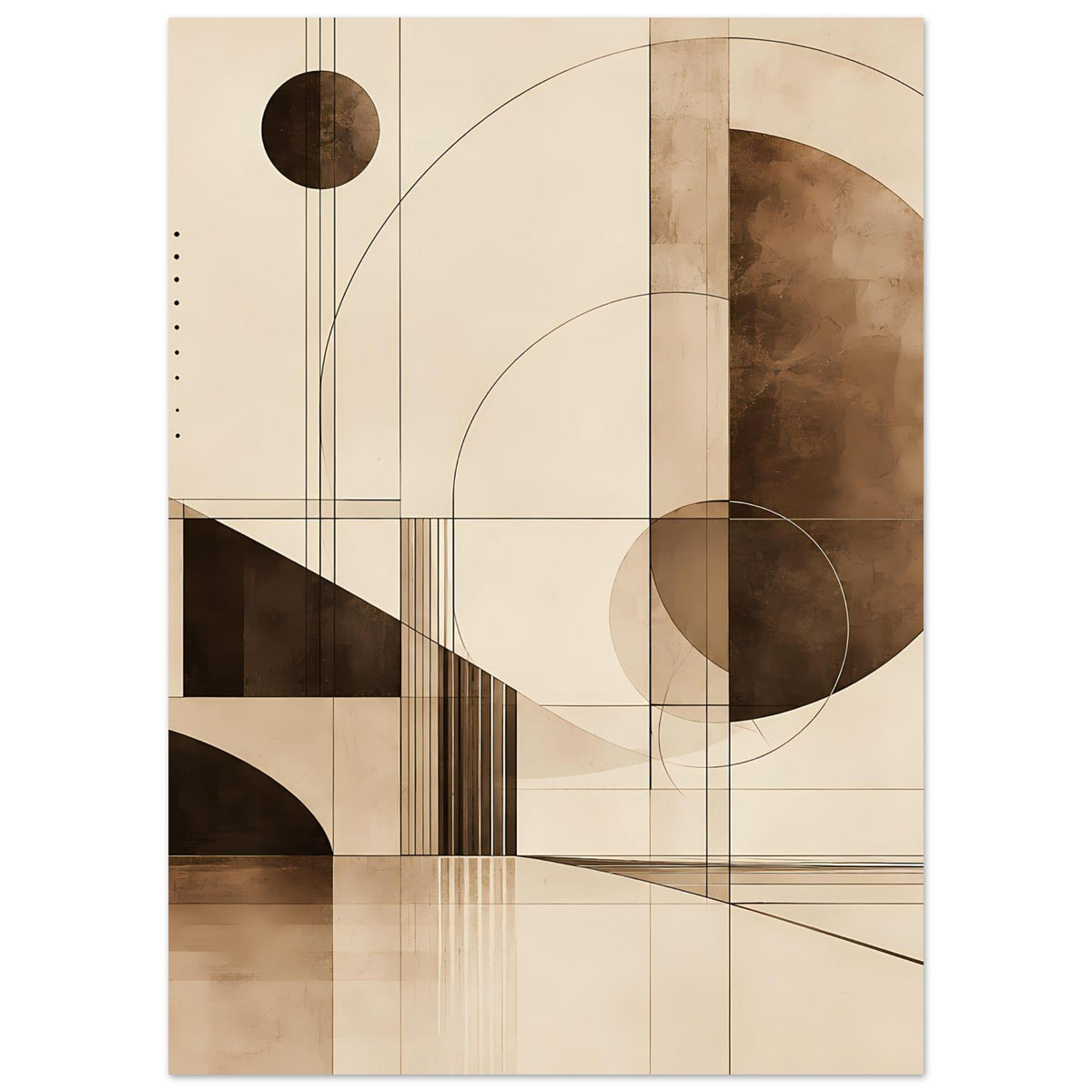 Kunstdruck mit abstrakten Formen in Braun/Beige: Kreise, Linien, Rechtecke und senkrechte Streifen.