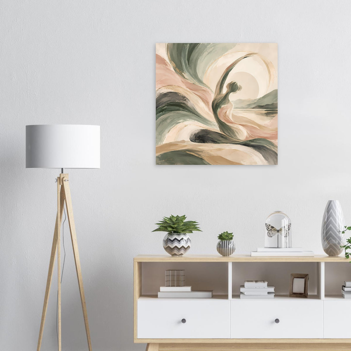 Quadratisches abstraktes Kunstposter mit Wirbelmustern in Grün, Beige und Creme.