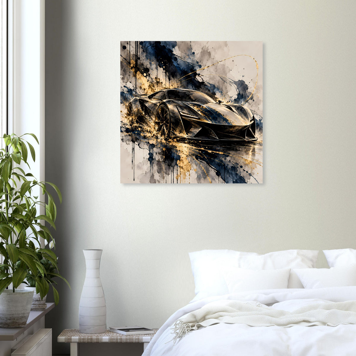 Poster mit Supersportwagen im Spritzfarbenstil, Schwarz und Gold