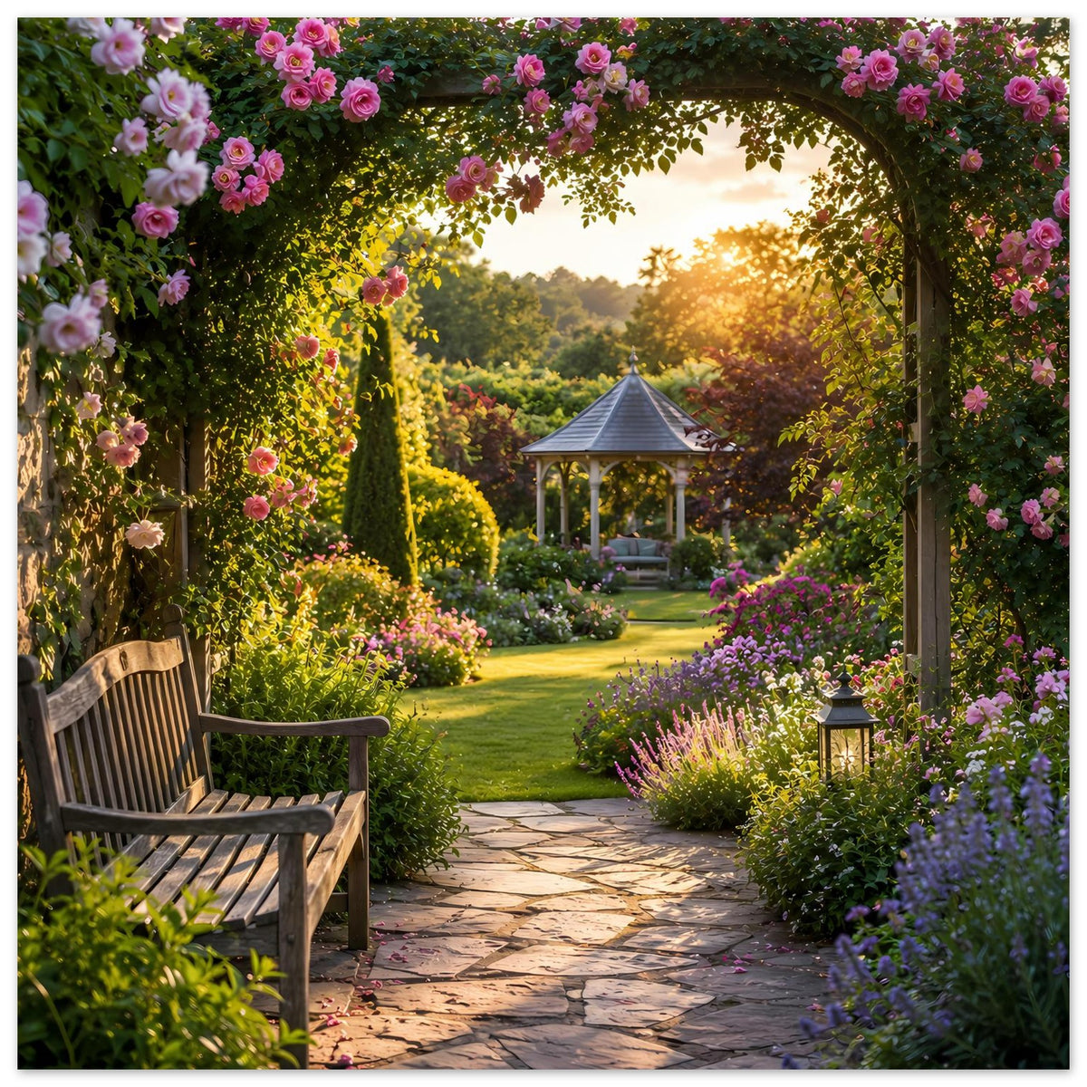 Naturposter mit Blumenbogen, Gartenweg, Holzbank und Pavillon im warmen Sonnenlicht