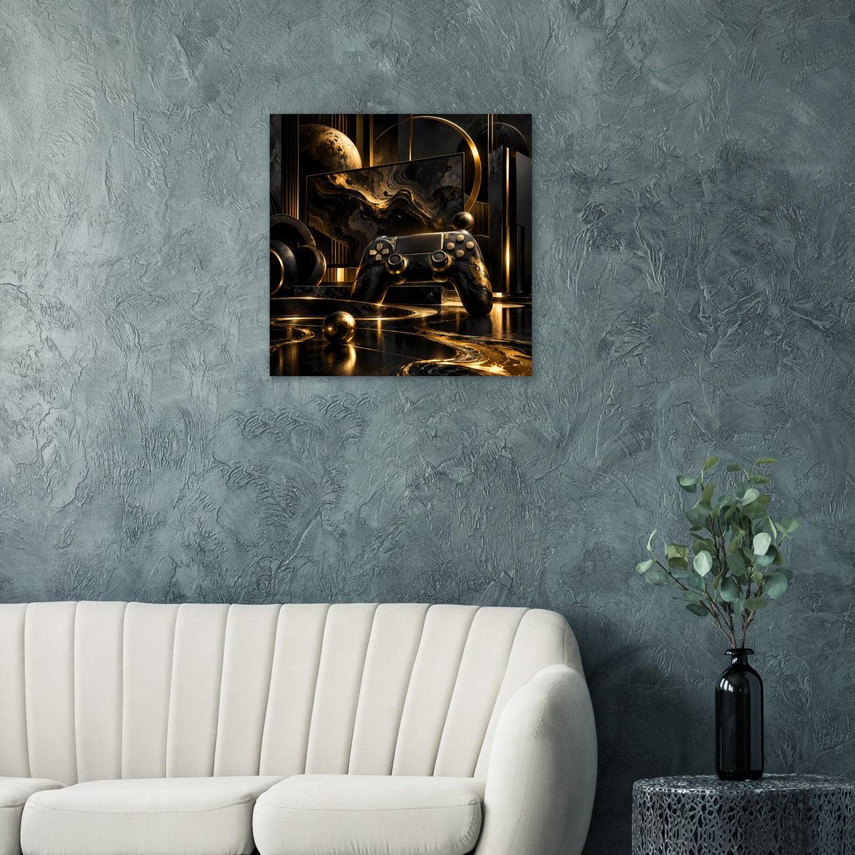Rechteckiges Gaming-Poster mit Controller-Motiv, Schwarz-Gold mit goldenen Linien.