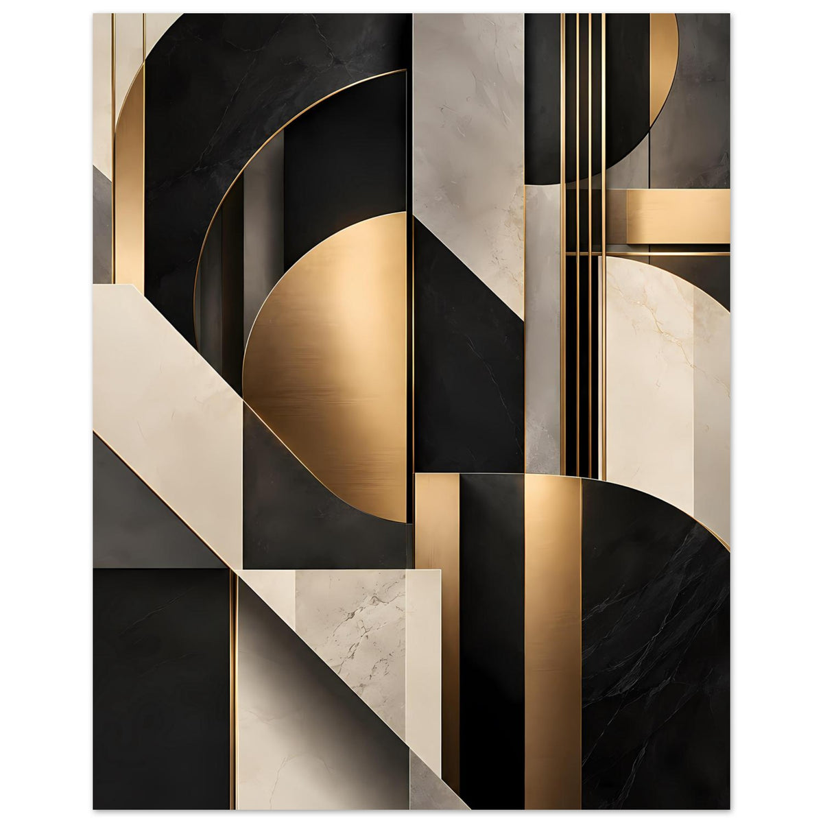 Geometrisches Kunstposter mit goldfarbenen Akzenten, Marmorelementen und großen geschwungenen Formen