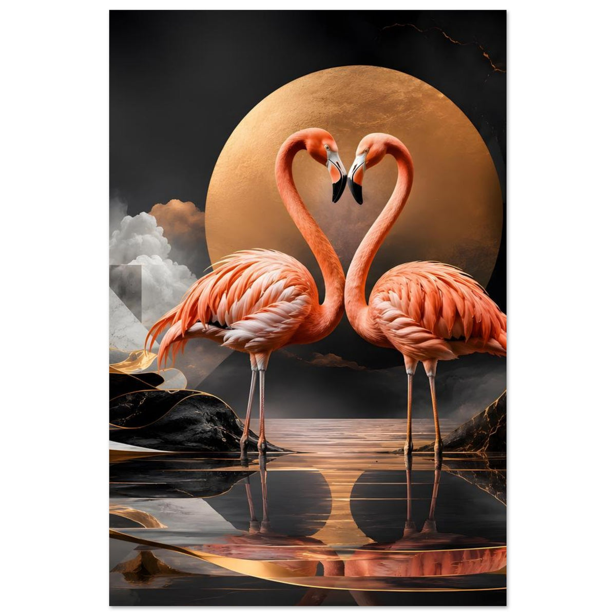 Kunstposter mit zwei Flamingos in Herzform, goldener Kreis und Spiegelbild auf dunklem Boden