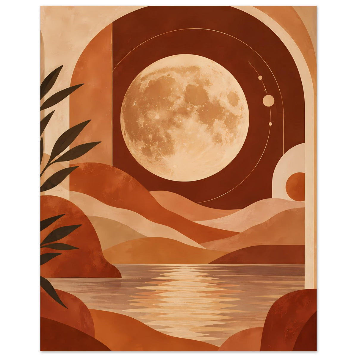 Boho-Poster mit Vollmond, Wüstenlinien, Palmen und Wasserreflexen in warmen Terrakottatönen