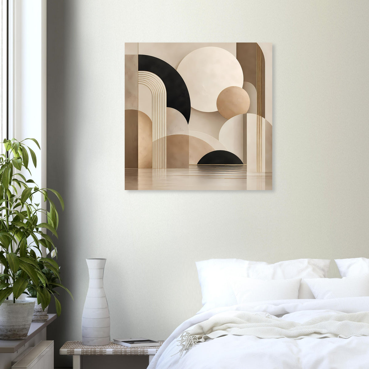 Abstraktes Poster im quadratischen Rahmen mit schwarzen, beigen und goldfarbenen Flächen.