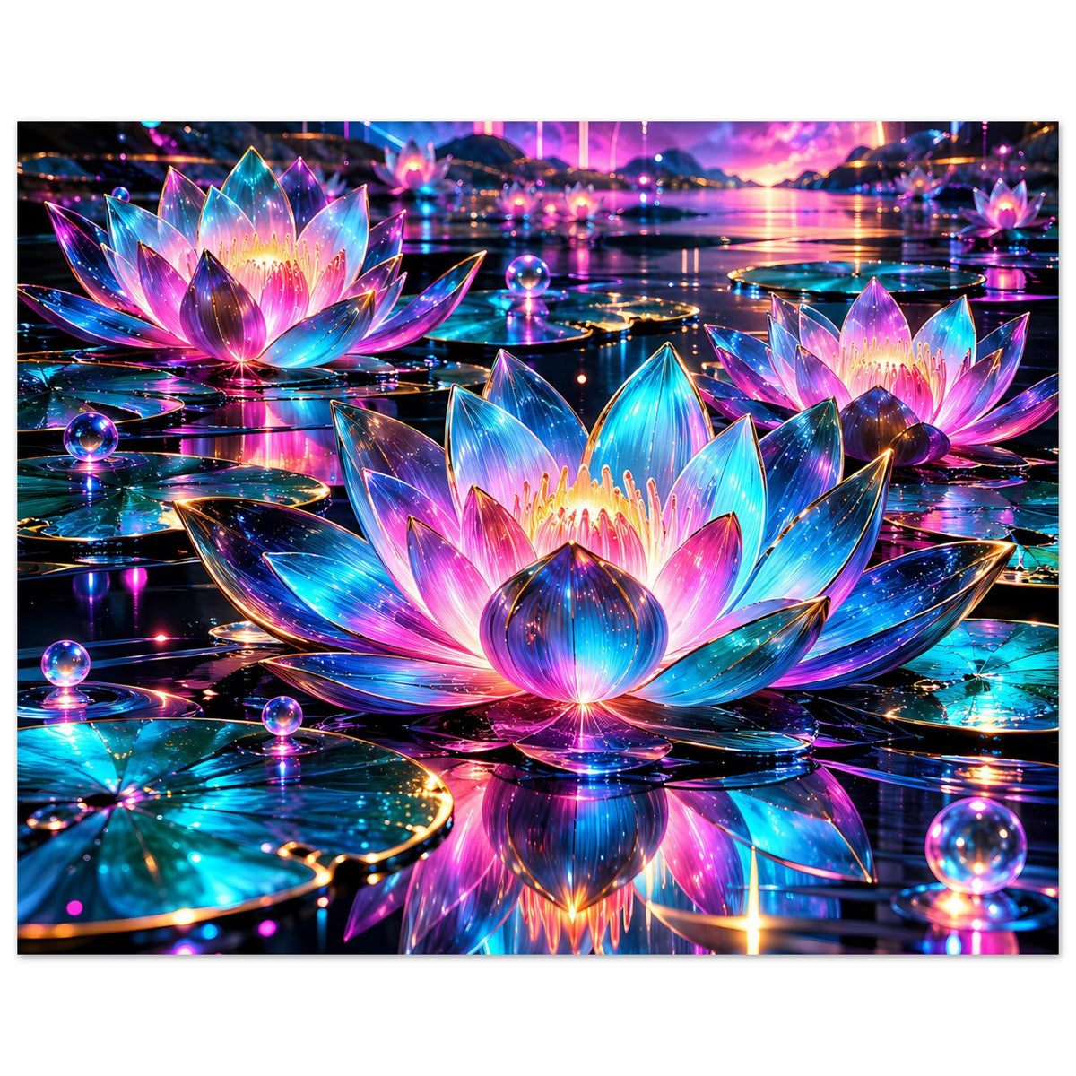 Neon-Lotus Poster, Panoramaansicht mit mehreren leuchtenden Lotusblüten und farbigen Lichtern