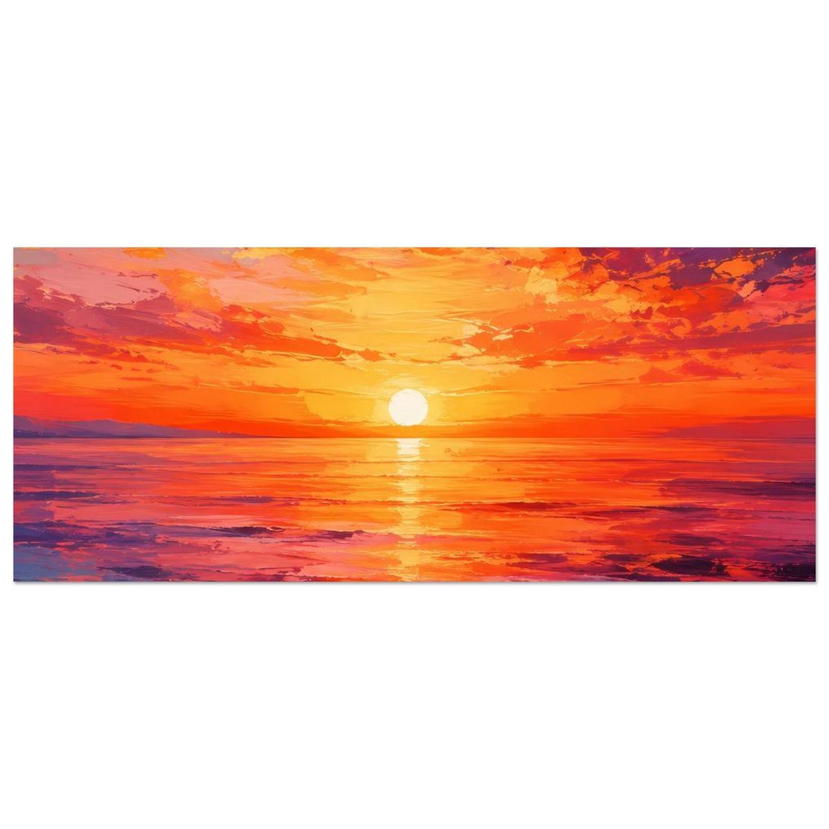 Horizontales Sonnenuntergangs-Poster mit Meerblick, orange und violett, runde Sonne