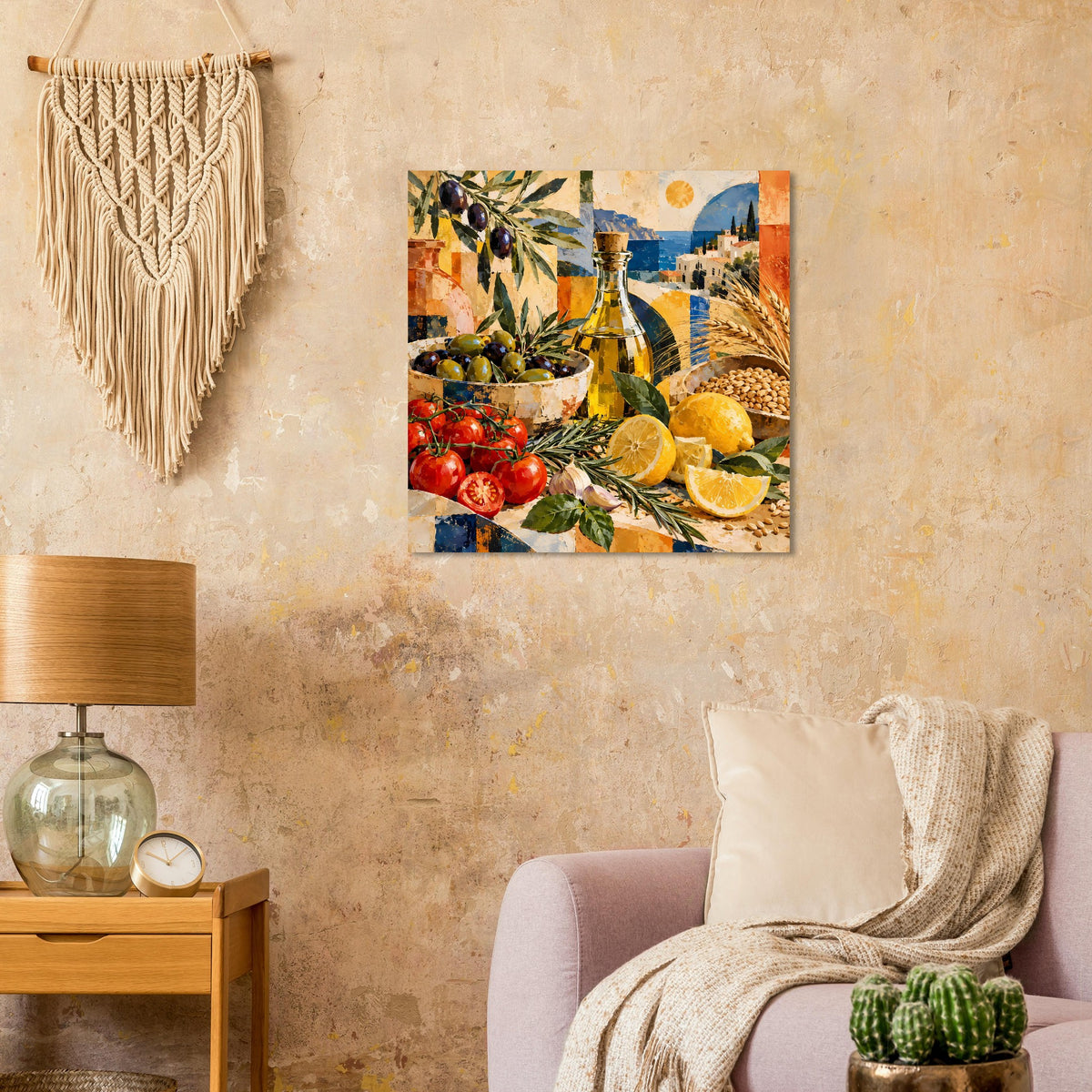 Wandposter mit mediterranem Stillleben: Flasche, Oliven, Tomaten und Zitrusfrüchte.