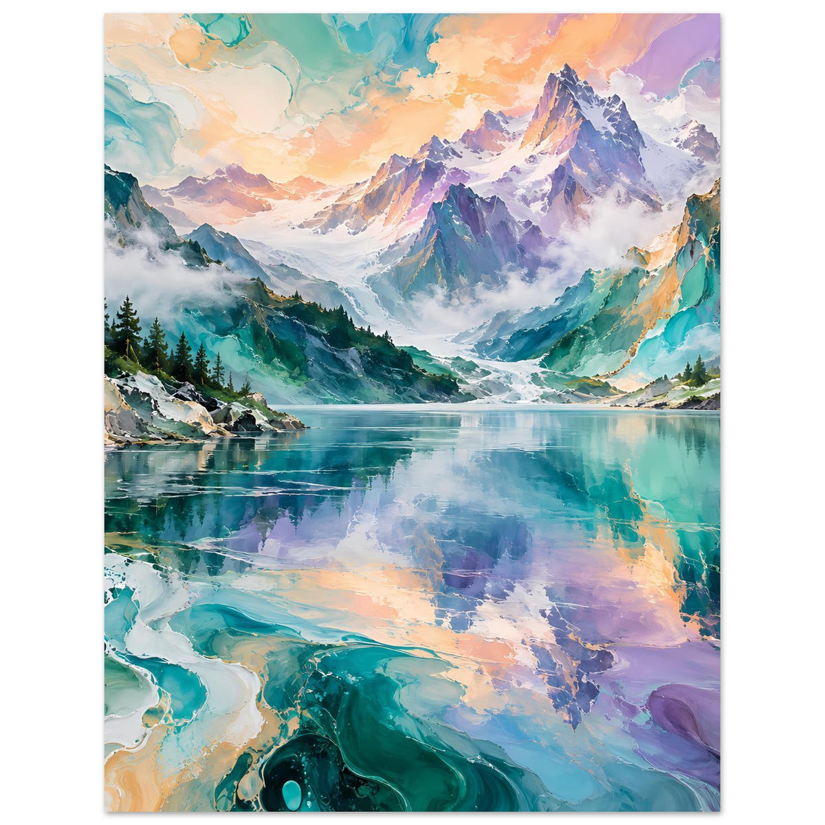 Posterdruck mit Bergkette und ruhigem See, Farben in Türkis, Violett und Pfirsich