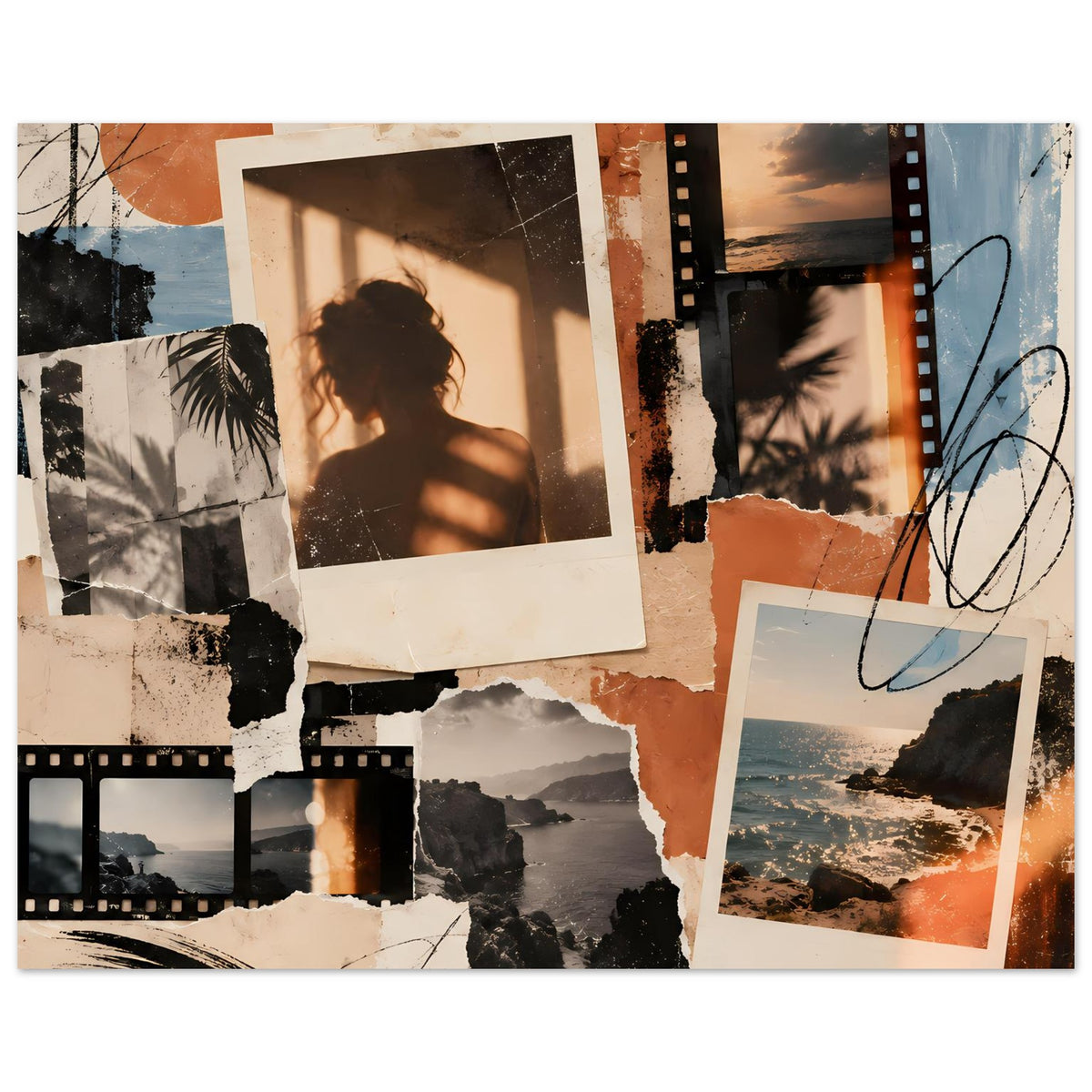 Vintage Collage-Poster mit Fotokacheln, Filmstreifen und Kritzel-Details in Orange/Blau