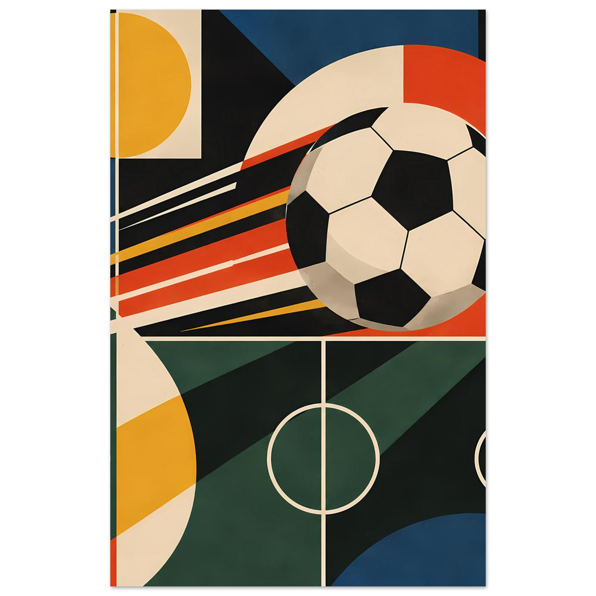 Fußballkunst-Poster mit großem Fußball und diagonalem Streifenmuster