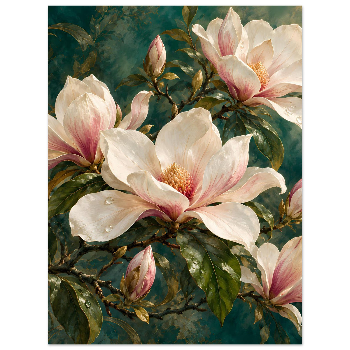 Blumenposter mit Magnolienblüten am Zweig, Cremeweiß mit rosa Übergängen
