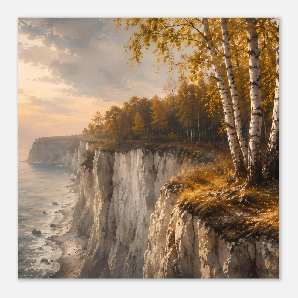 Herbstliches Küstenlandschafts-Poster: Steilküste mit Kreidefelsen, Birken und Strand, matt.