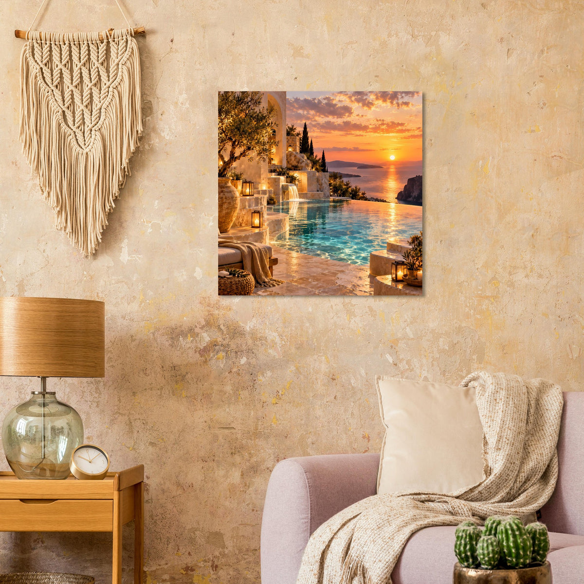 Quadratisches Poster mit Meerblick bei Sonnenuntergang, glitzerndes Wasser und Strandlichter