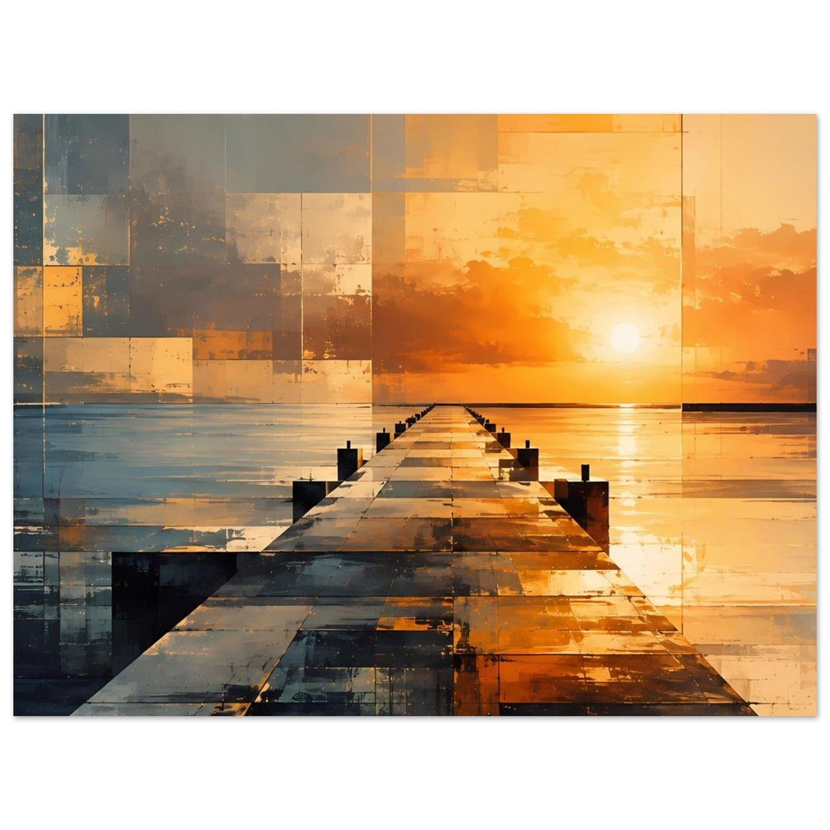 Abstraktes Poster mit Pier und Sonnenuntergang, Kacheleffekt in Dunkelblau, Beige und Orange