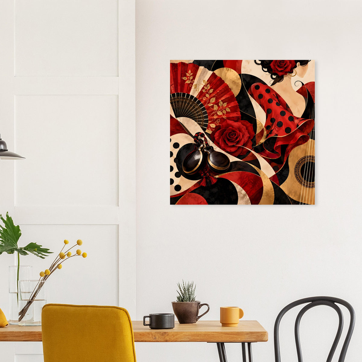Quadratisches Wandposter mit Flamenco-Motiv: rote Rosen, rote Fächer und Tupfen.