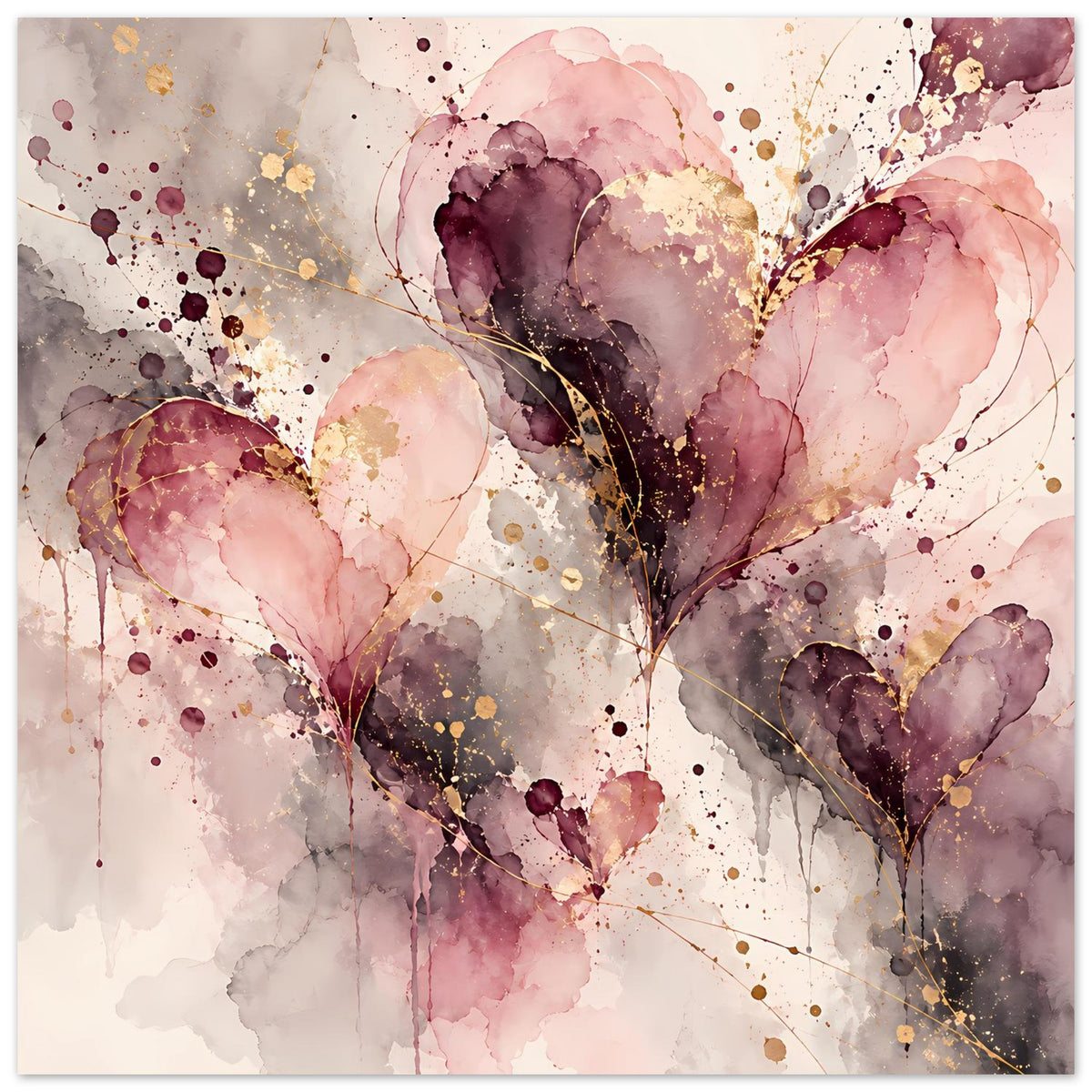 Großes Poster mit abstraktem Herzmotiv, Aquarell in Rosa, Flieder und Gold