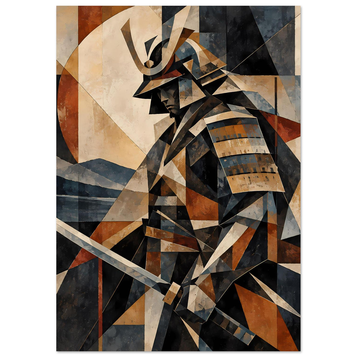 Poster mit geometrischem Samurai-Krieger, Flächen in Braun, Beige und Blau