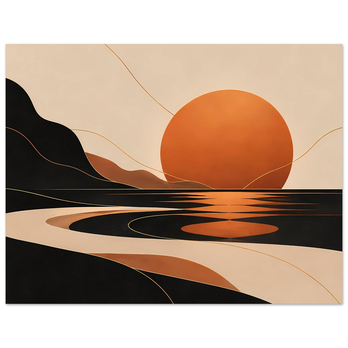 Kunstposter im Querformat: orangefarbene Sonne, schwarze Wellen und goldene Linien vor hellem Hintergrund