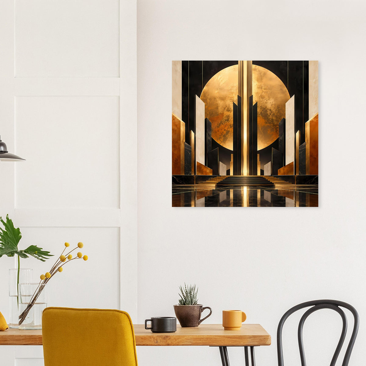 Art-Deco-Poster mit goldenen Halbkreis-Formen, schwarzen Säulen und Bodenreflexen
