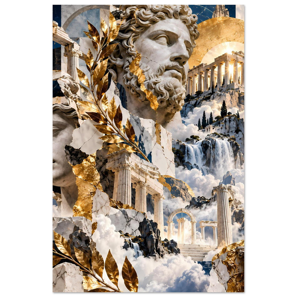 Hochformatiges Poster mit antikem Statuenkopf, Säulen, Wolken und goldenen Akzenten