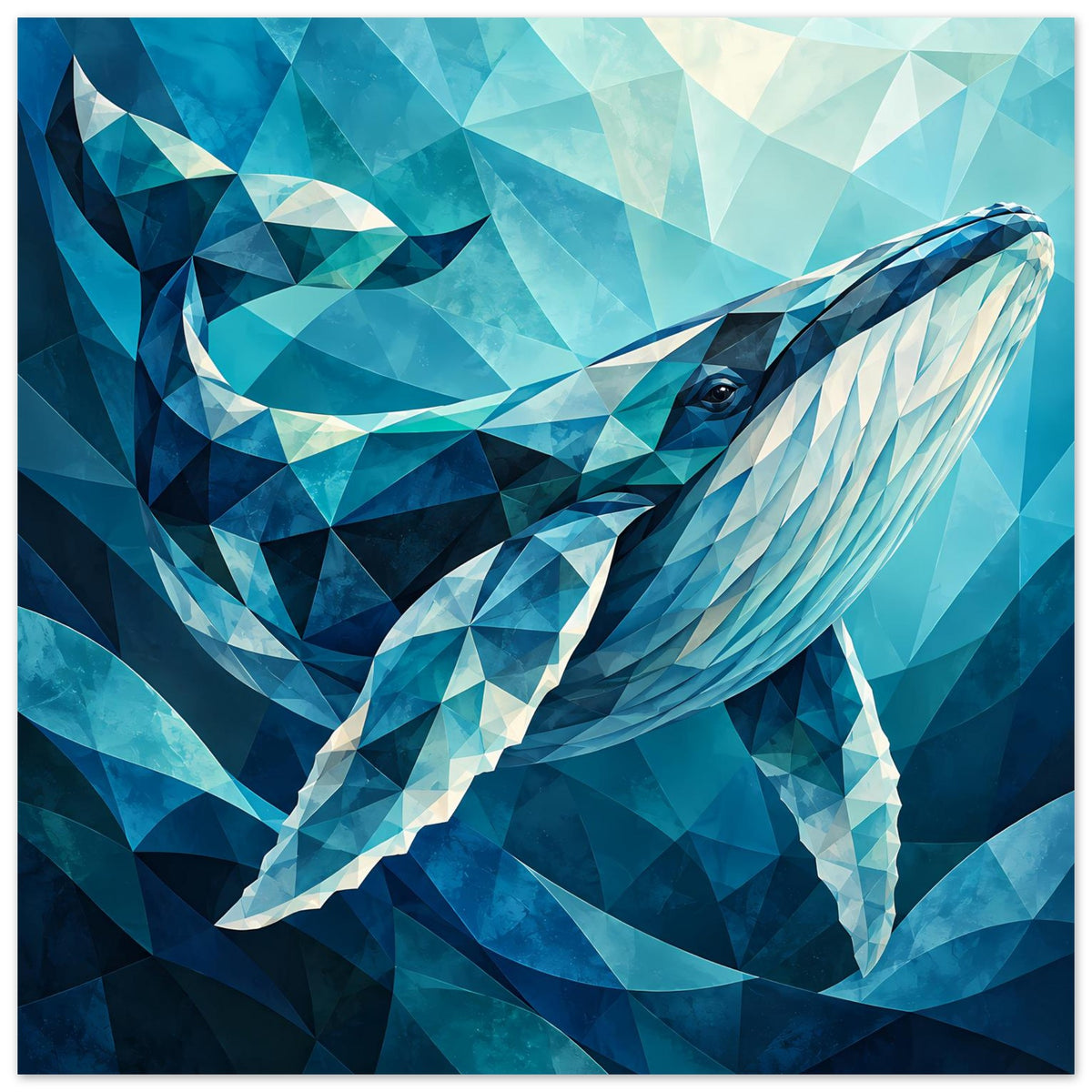 Geometrisches Blauwal-Poster mit Delfinaugen und türkisblauen Dreiecken, quadratisch