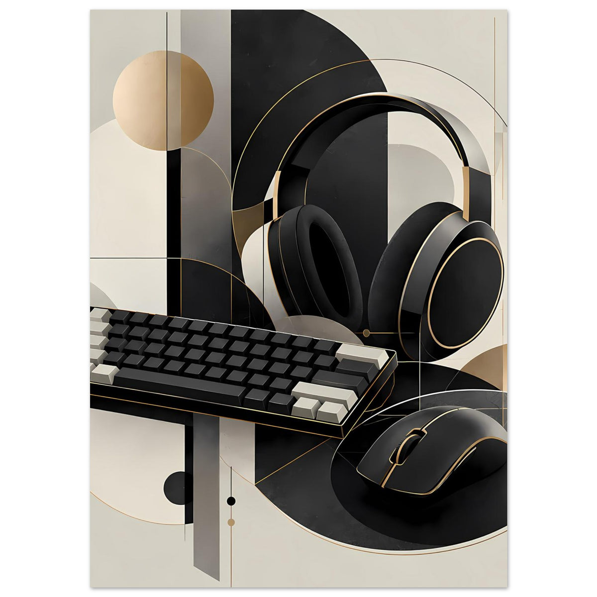 Gaming-Poster mit Headset, Tastatur und Maus, geometrische Motive in Creme und Gold