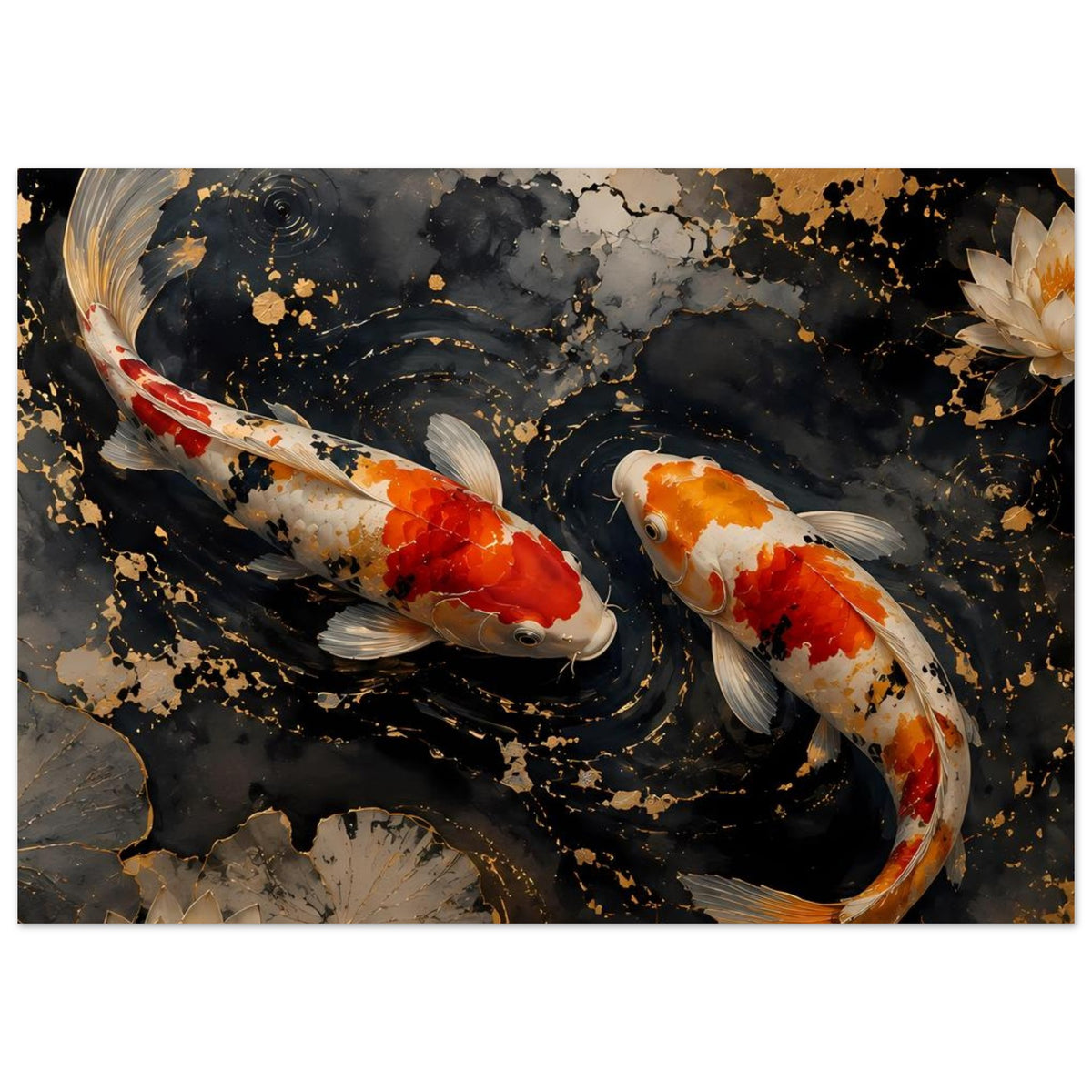 Gerahmtes Wandbild mit zwei Koi-Karpfen im dunklen Wasser und goldenen Spritzern