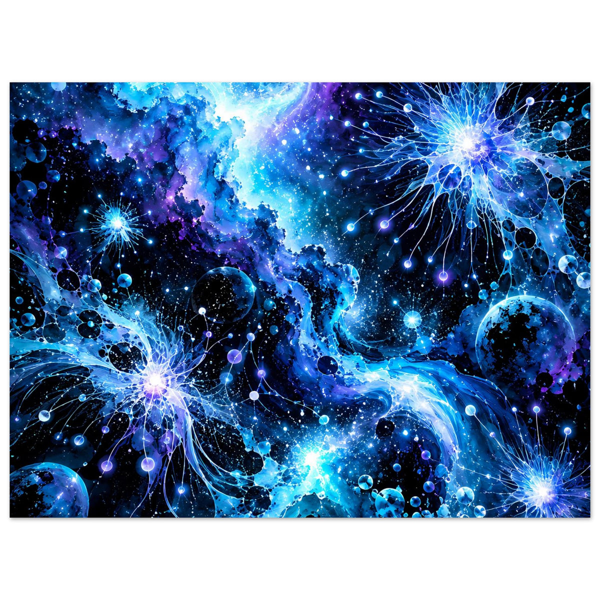Galaktisches Poster im Querformat mit leuchtendem Sternnebel, Planeten und Lichtstrahlen