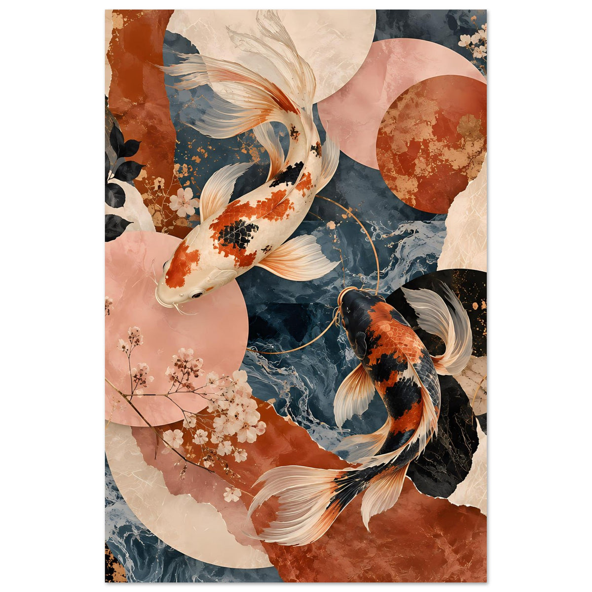 Wandposter mit Koi-Fischen im warmen Terrakotta- und Dunkelblau-Design, hochkant