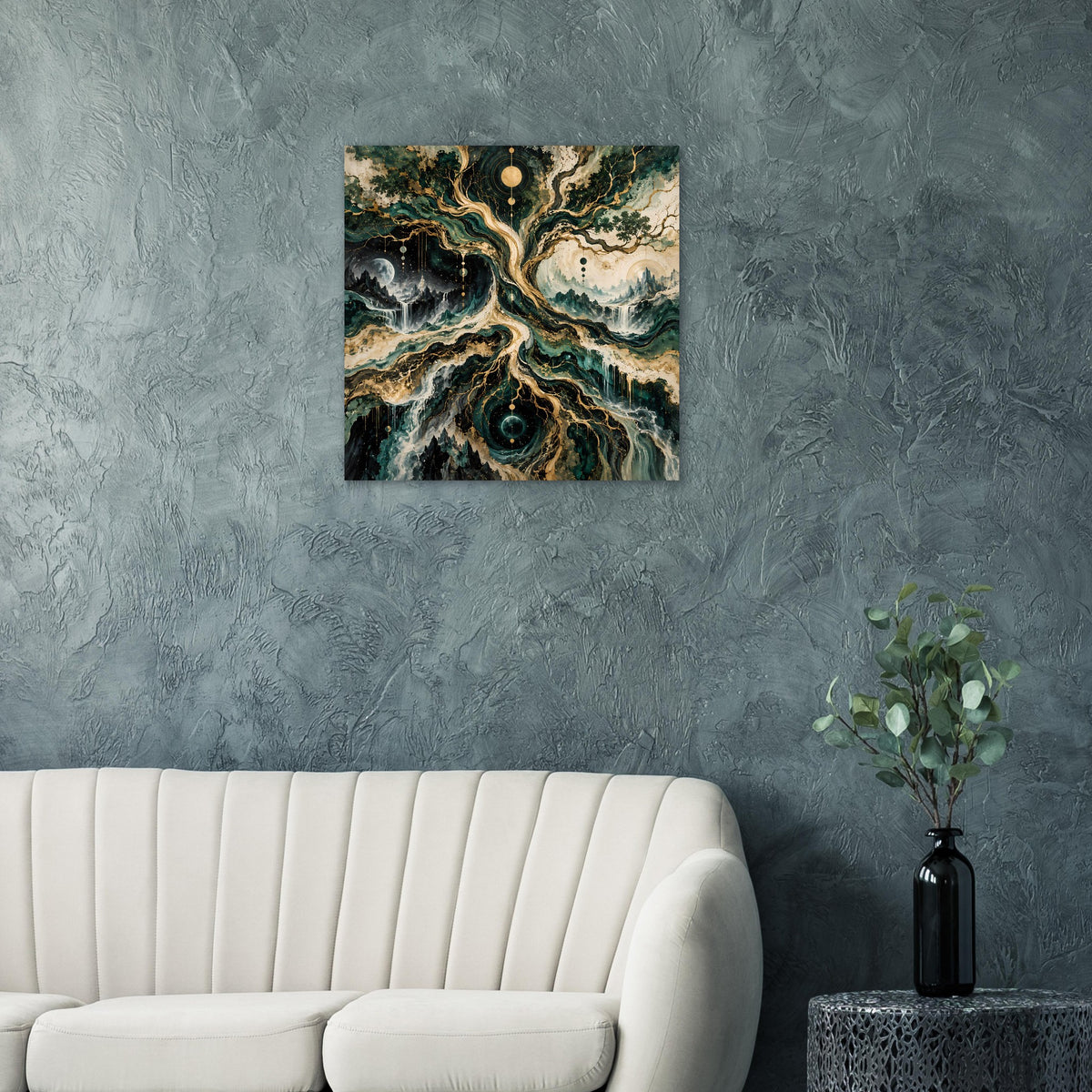 Gerahmtes Poster: kosmischer Baum mit leuchtendem Zentrum, blaugrün-schwarz und goldene Konturen