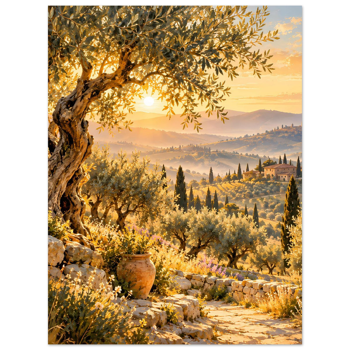 Poster mit mediterranem Abendmotiv: Olivenbaum links, Terrasse mit Vasen, goldene Hügel