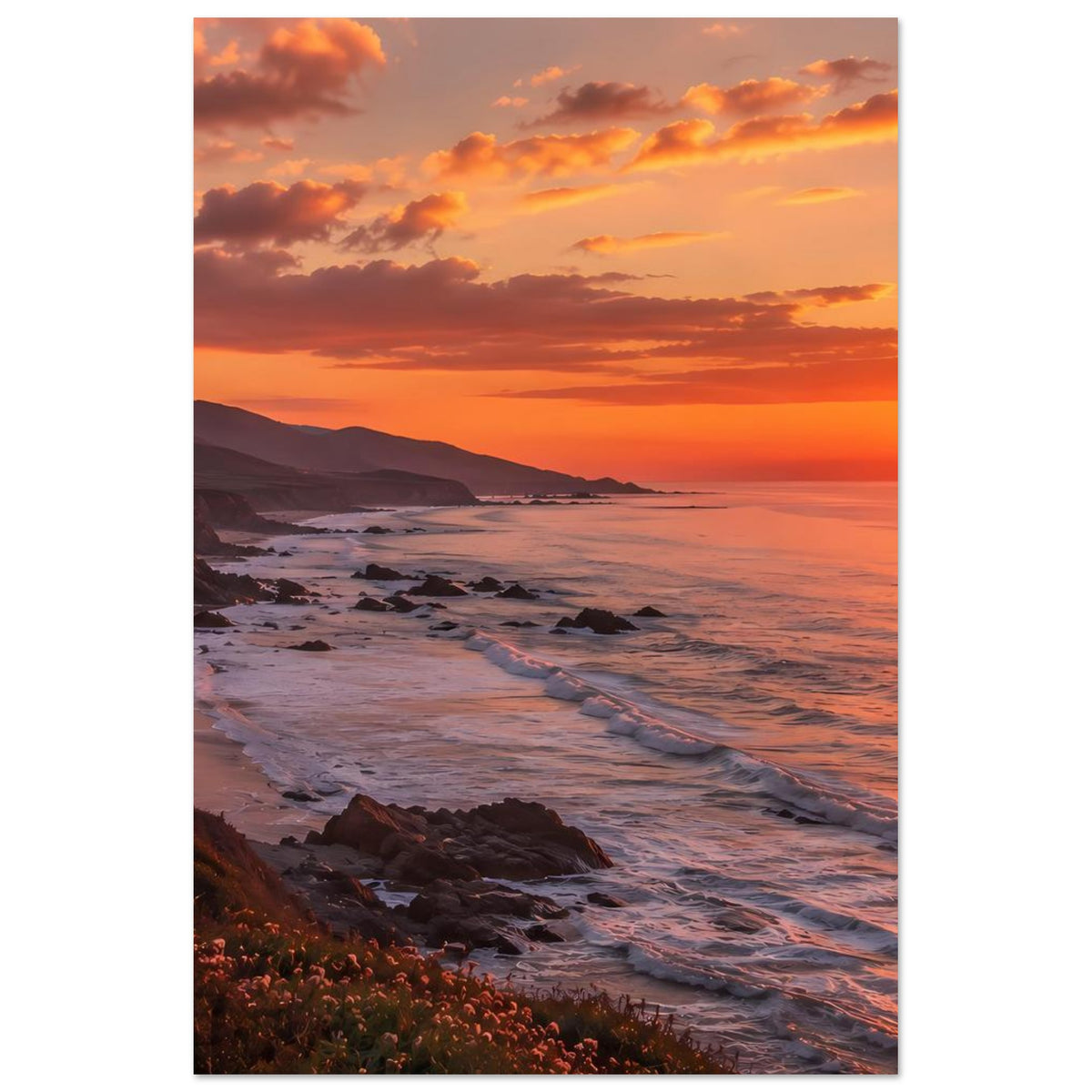 Poster mit Sonnenuntergang über Meer und Kiesstrand, warmes Orange und Violett