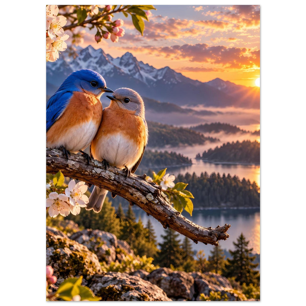 Poster: zwei Vögel auf Baumast, rosa Blüten, Bergsee und goldener Sonnenuntergang
