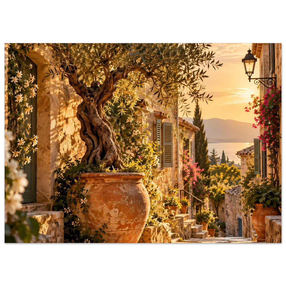 Poster mit Olivenbaumkrone über mediterraner Gasse, Laterne, Blumenschmuck und Tongefäß
