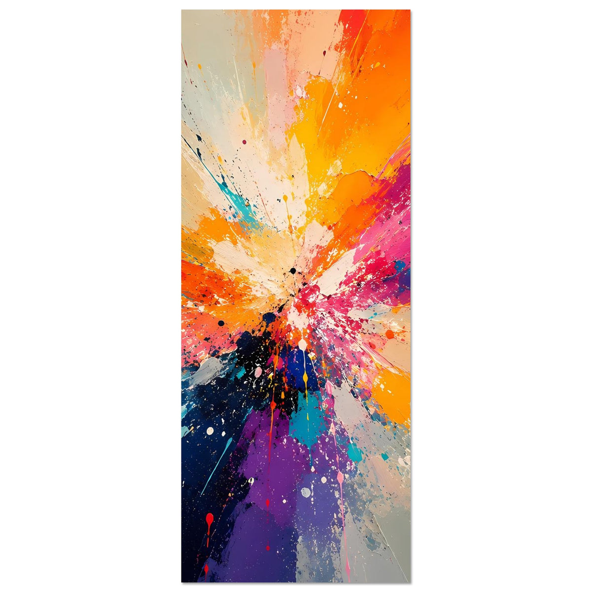 Abstraktes Kunstposter (hochkant) mit orangefarbenem Zentrum und bunten Spritzern