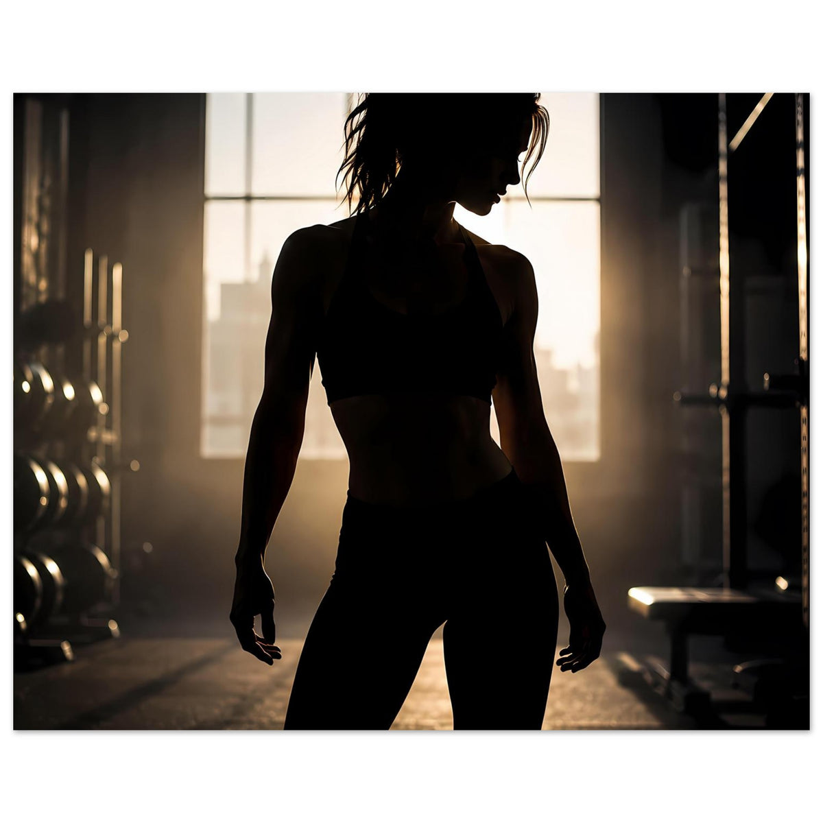 Fitness-Poster: Silhouette einer Sportlerin, dunkles Outfit, dynamische Standpose